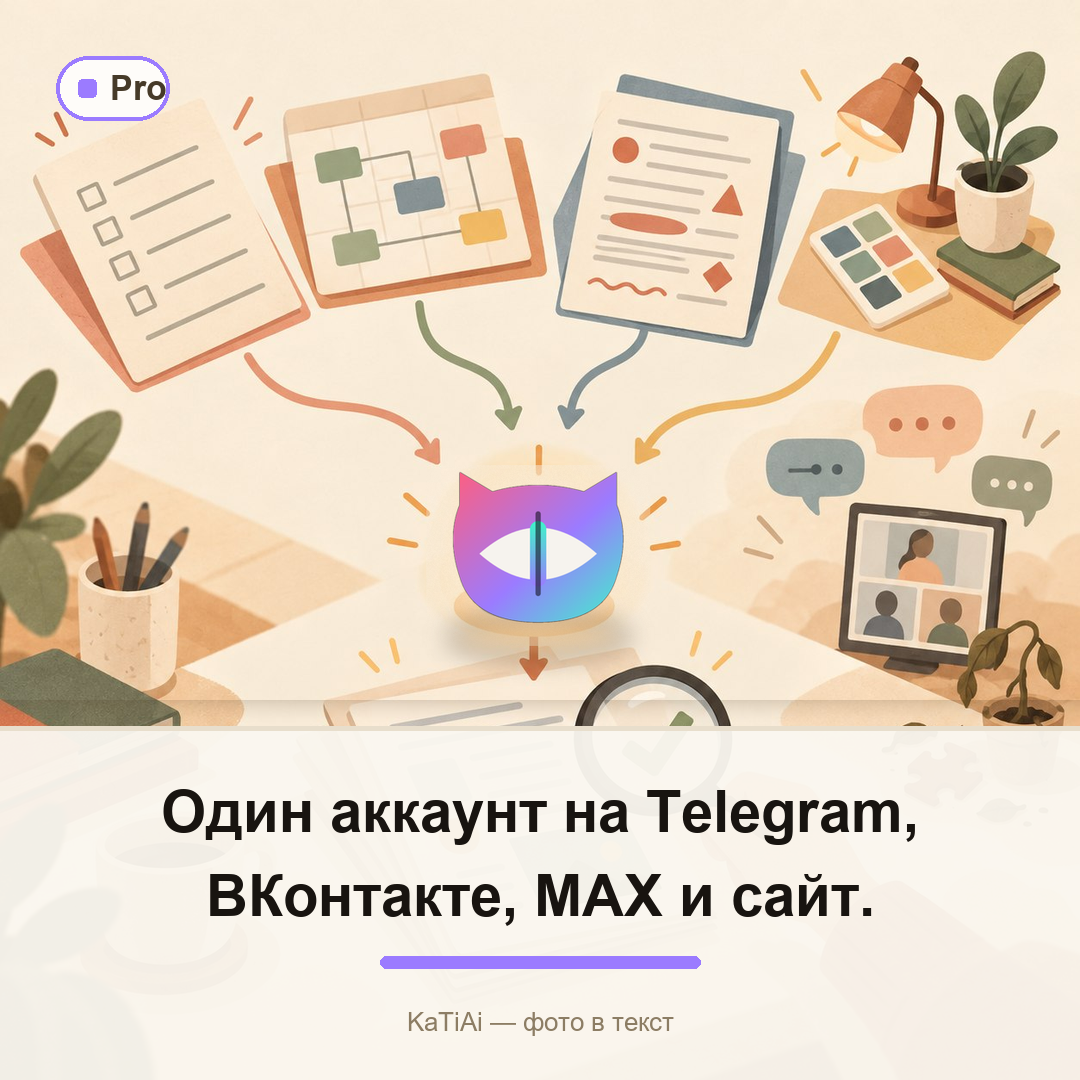 Один аккаунт на Telegram, ВКонтакте, MAX и сайт.